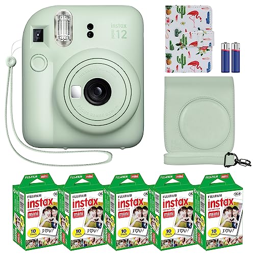 Fujifilm Câmera Instantânea Instax Mini 12 Verde Menta + Conjunto de Acessórios MiniMate e Capa Personalizada Compatível + Pacote de Valor de Filme Fuji Instax (50 Folhas) Álbum de Fotos Flamingo Designer